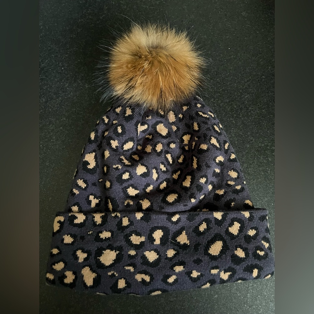 Leopard Print Winter Cap with Genuine Fox Fur Pom Pom